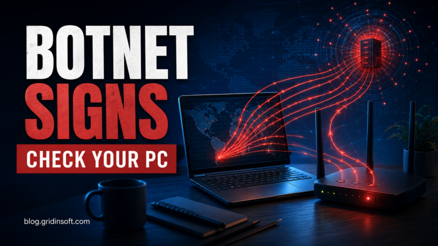 Botnet Signs: How to Tell If Your Computer Is Infected 1 Imagegen poster showing botnet signs with suspicious outbound traffic from a laptop and router.
