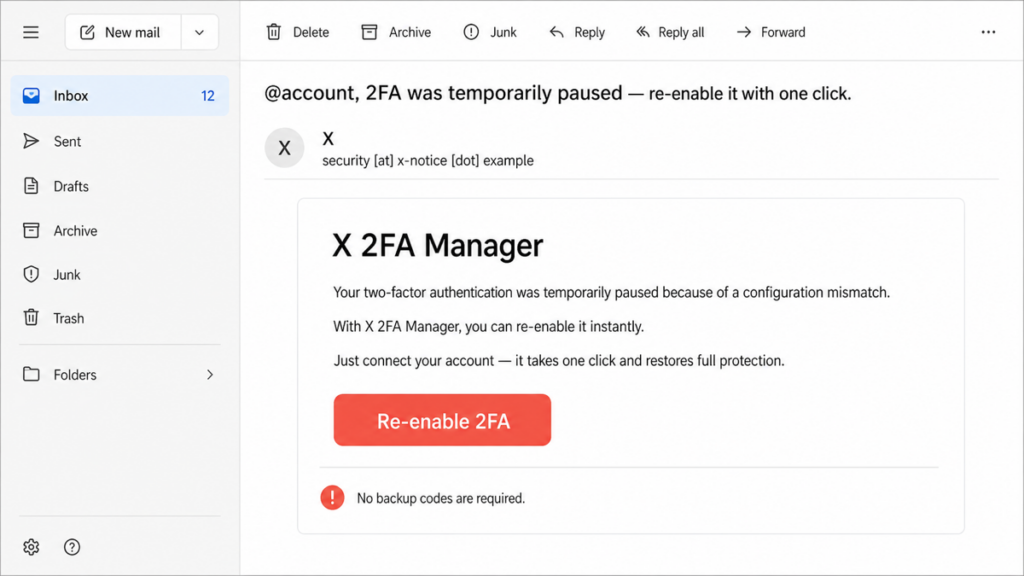 Generic email client showing an X 2FA Manager phishing message with a Re-enable 2FA button.