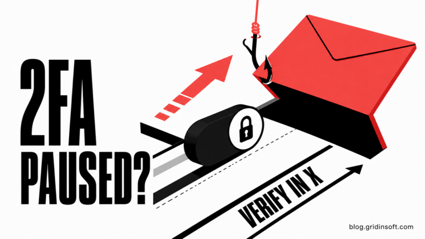 A fake email hook pulls a two-factor authentication toggle toward a trap.