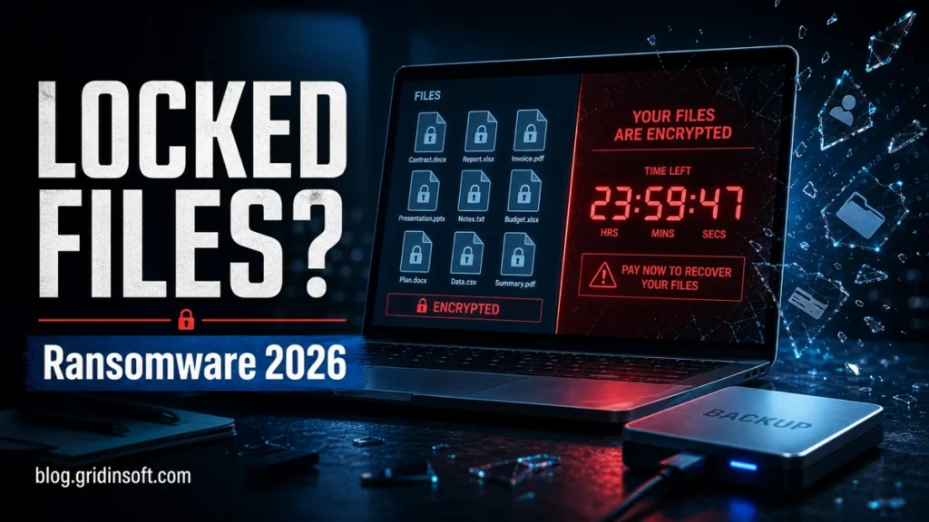 Ransomware 2026 poster with locked files, ransom countdown, and backup drive.