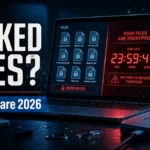 Ransomware 2026 poster with locked files, ransom countdown, and backup drive.