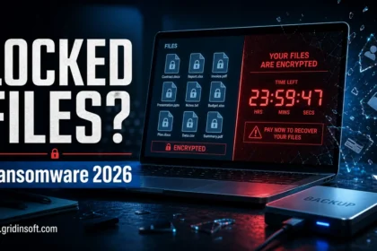 Ransomware 2026 poster with locked files, ransom countdown, and backup drive.