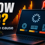 Slow PC diagnostic poster showing a loading laptop and CPU, memory, and disk pressure bars.
