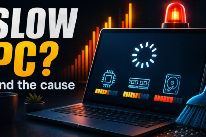 Slow PC diagnostic poster showing a loading laptop and CPU, memory, and disk pressure bars.