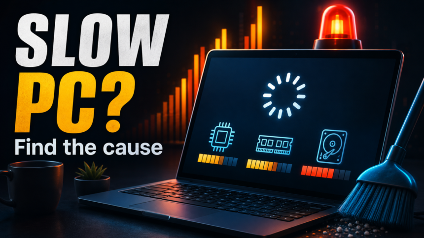 Slow PC diagnostic poster showing a loading laptop and CPU, memory, and disk pressure bars.