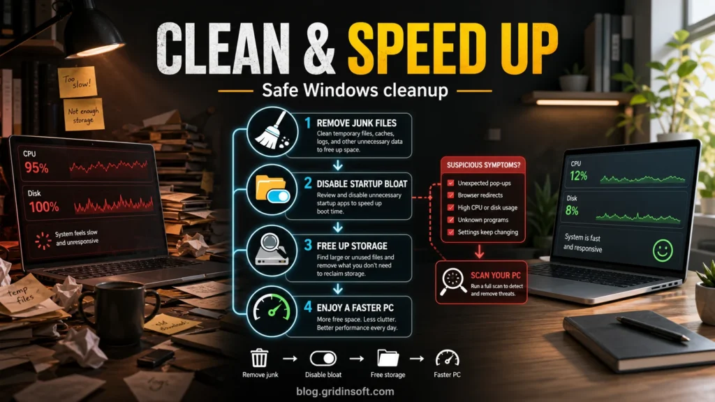 Clean and speed up Windows safely with storage, startup, and malware symptom checks