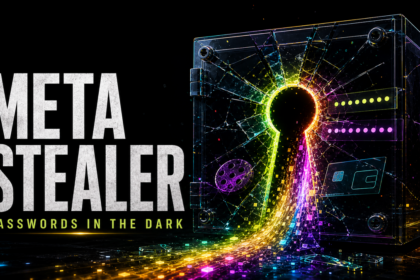 META Stealer malware poster showing a cracked password vault leaking stolen session data.
