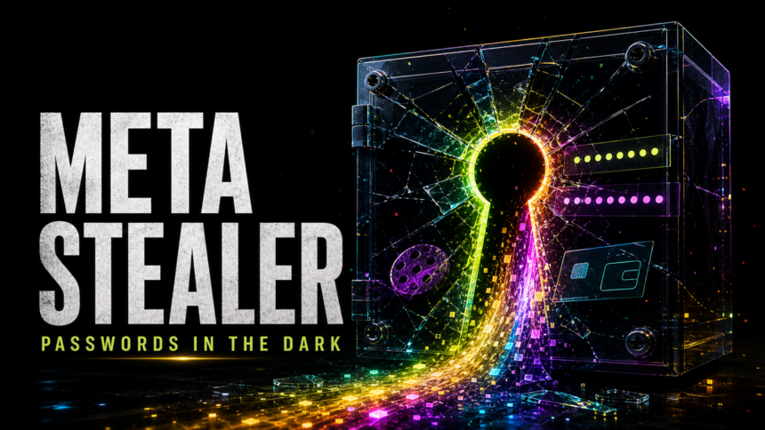 META Stealer malware poster showing a cracked password vault leaking stolen session data.