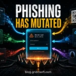Modern phishing attack types poster with email, SMS, voice, QR, OAuth, and social-message traps converging on a fake login.