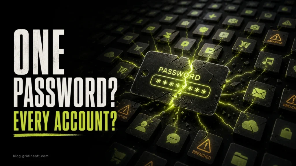 Cracked password card spreading breach warnings across multiple account tiles.
