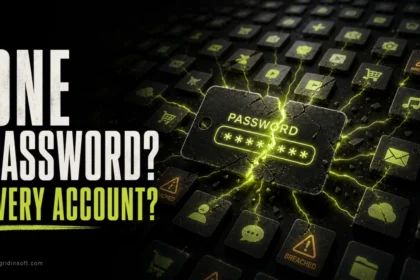 Cracked password card spreading breach warnings across multiple account tiles.