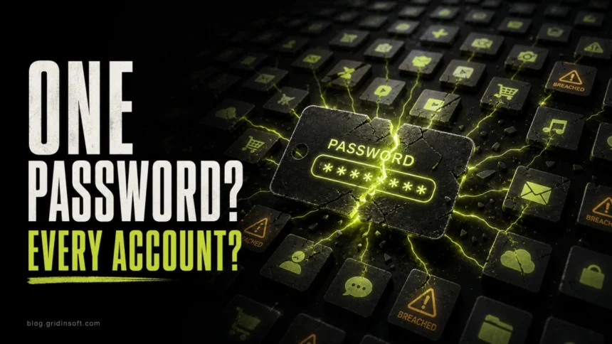 Cracked password card spreading breach warnings across multiple account tiles.