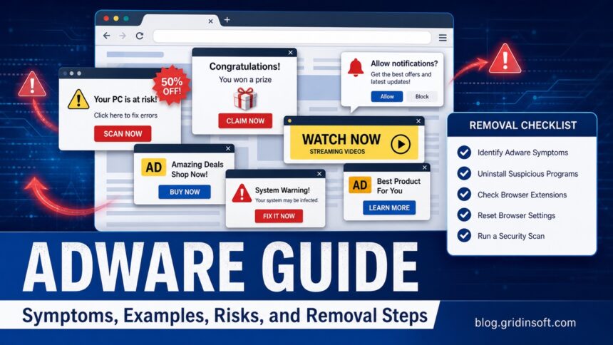 What Is Adware? Symptoms, Examples, Risks, and Removal Steps 1 Adware guide showing intrusive pop-ups, browser redirects, and a removal checklist.