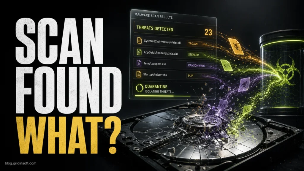 Anti-malware scan results showing detected threats being quarantined.