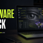 Laptop screen showing a spyware check dashboard and hidden surveillance eye.