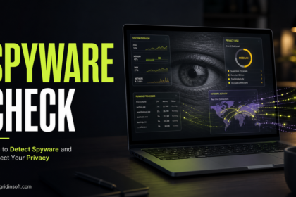 Laptop screen showing a spyware check dashboard and hidden surveillance eye.