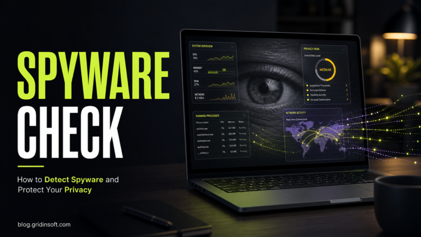 Is Your Computer Infected With Spyware? 10 Signs to Check 1 Laptop screen showing a spyware check dashboard and hidden surveillance eye.