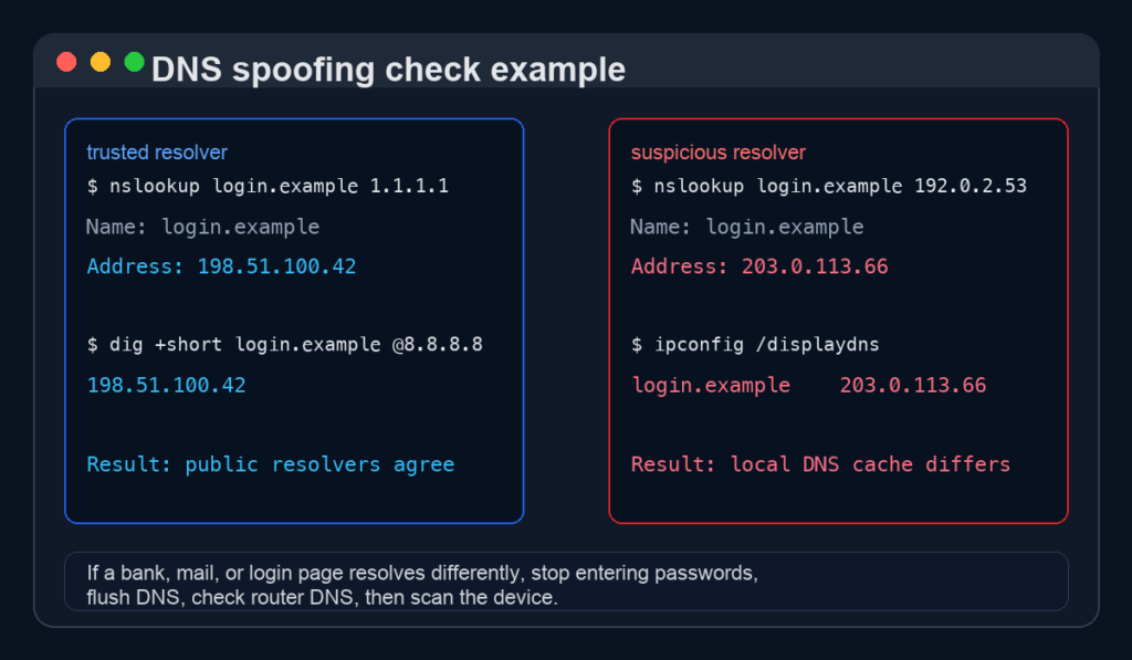 Example DNS spoofing check comparing a trusted resolver with a suspicious local DNS cache.