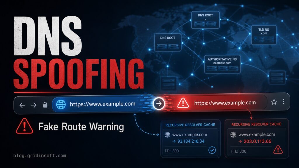 DNS spoofing warning illustration showing a browser route redirected to a fake DNS resolver.
