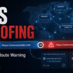 DNS spoofing warning illustration showing a browser route redirected to a fake DNS resolver.