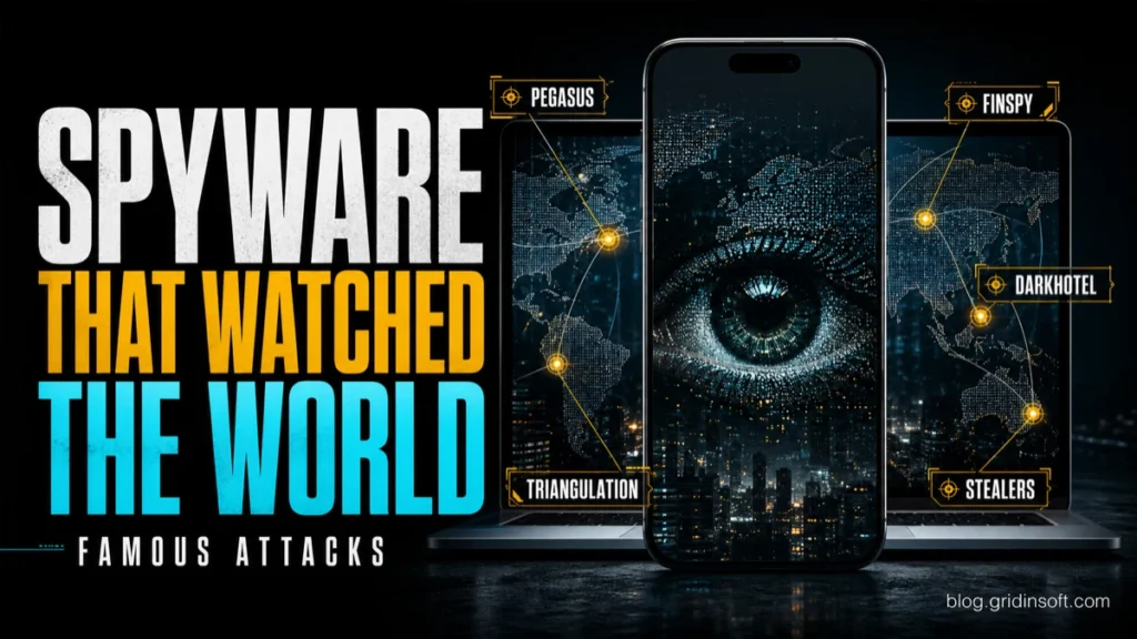 Editorial poster for famous spyware attacks showing a surveillance eye, phone, laptop, and labels for Pegasus, FinSpy, DarkHotel, Triangulation, and stealers.