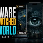 Editorial poster for famous spyware attacks showing a surveillance eye, phone, laptop, and labels for Pegasus, FinSpy, DarkHotel, Triangulation, and stealers.