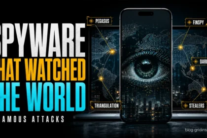 Editorial poster for famous spyware attacks showing a surveillance eye, phone, laptop, and labels for Pegasus, FinSpy, DarkHotel, Triangulation, and stealers.