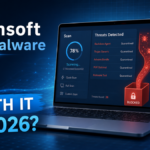 Gridinsoft Anti-Malware review poster showing malware scan, blocked threats, and safe files.