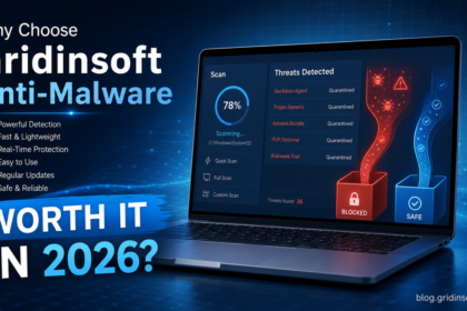 Gridinsoft Anti-Malware review poster showing malware scan, blocked threats, and safe files.