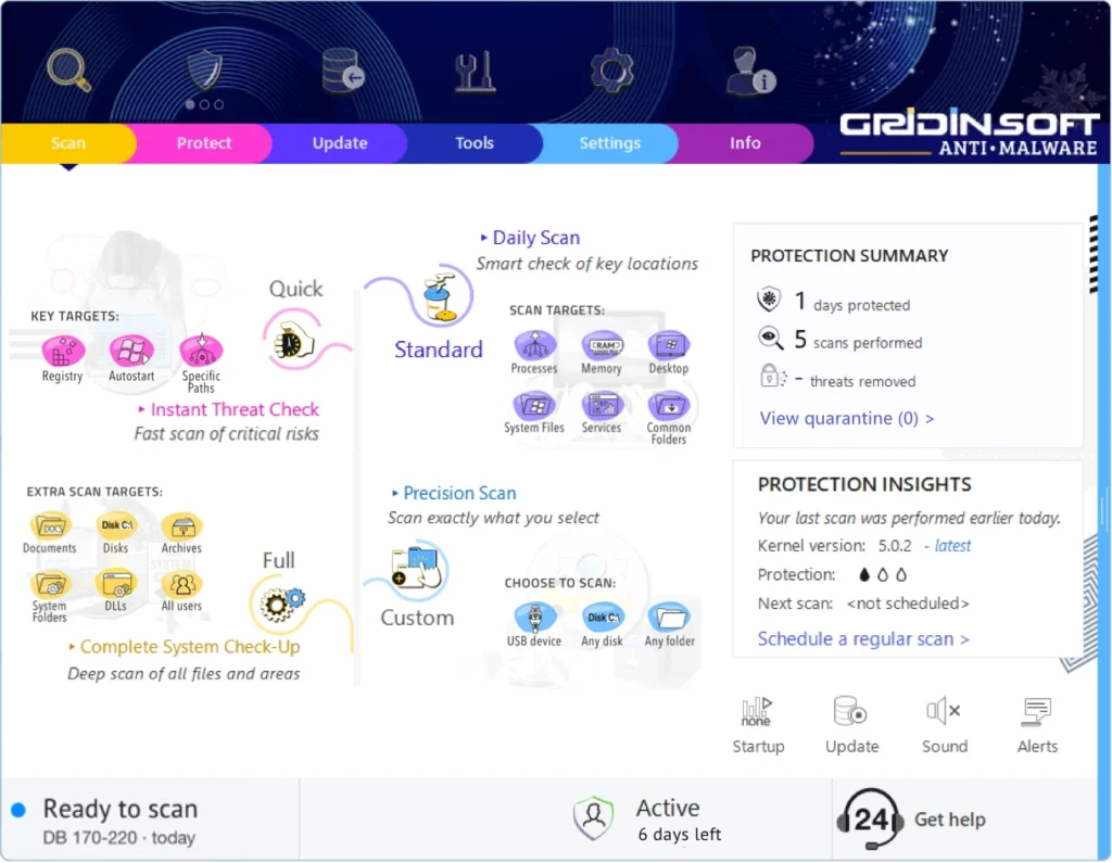 Gridinsoft Anti-Malware Scan tab with quick, standard, full, and custom scan options.