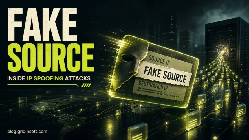Fake source IP packet used in an IP spoofing attack.