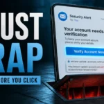 Trust Trap poster showing a fake account-verification message opening into a phishing trap.