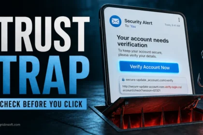 Trust Trap poster showing a fake account-verification message opening into a phishing trap.