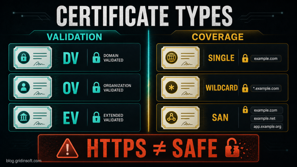 Diagram comparing SSL/TLS certificate validation levels with domain coverage types