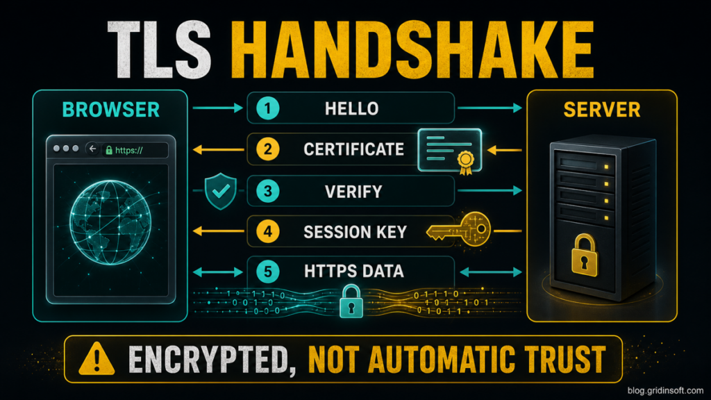 Diagram showing the TLS handshake steps from browser request to encrypted HTTPS data