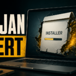 Trojan malware alert poster showing a fake installer breaking open with hidden data escaping.