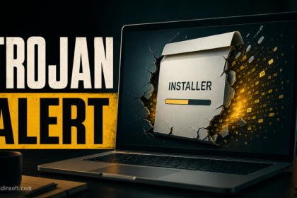 Trojan malware alert poster showing a fake installer breaking open with hidden data escaping.