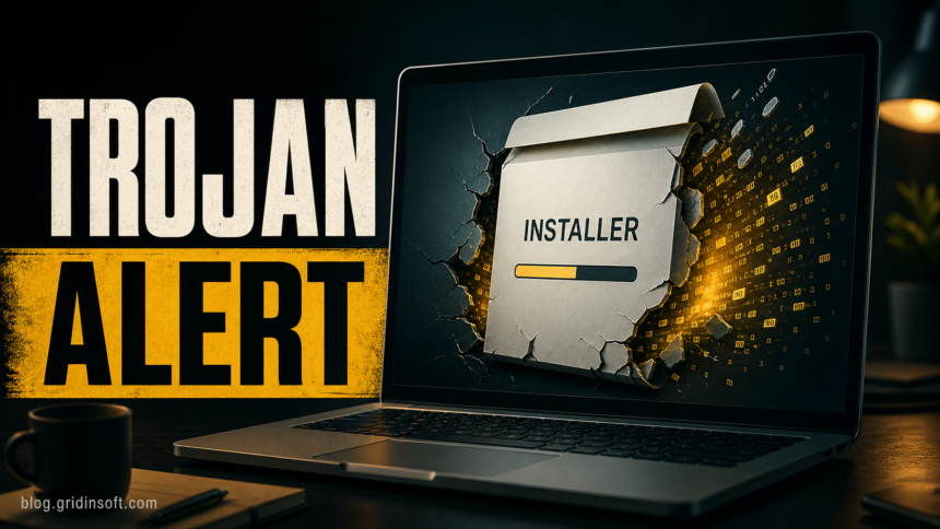 Trojan Malware: What to Do After an Alert 1 Trojan malware alert poster showing a fake installer breaking open with hidden data escaping.