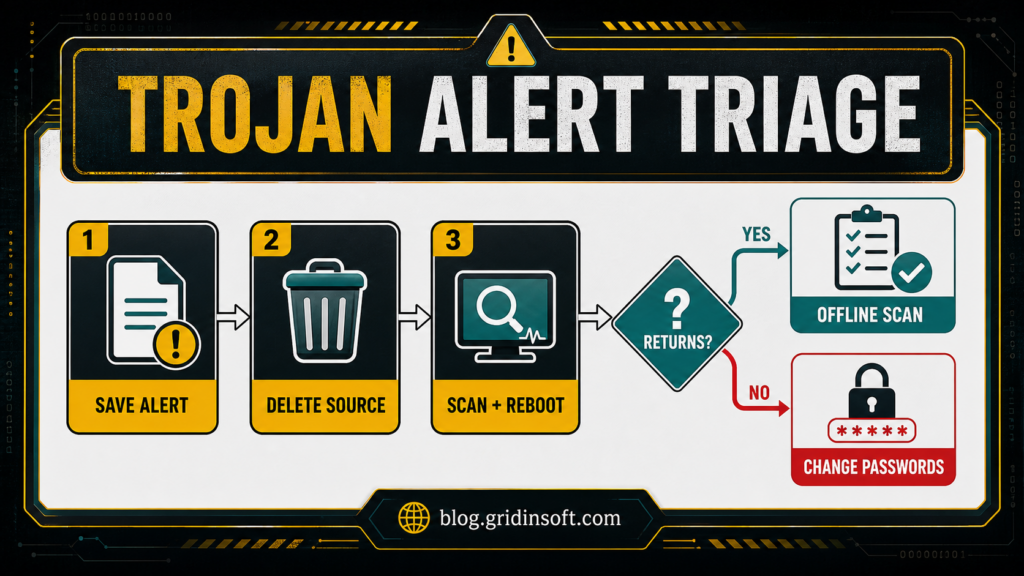 Trojan Malware: What to Do After an Alert 2 Trojan alert triage diagram showing save alert, delete source, scan and reboot, offline scan, and password change steps.