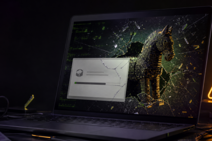 Trojan malware hidden inside a harmless-looking installer on a laptop screen.