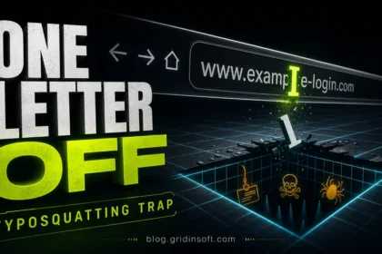 Typosquatting trap poster showing one mistyped letter in a fake web address.