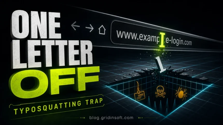 Typosquatting trap poster showing one mistyped letter in a fake web address.