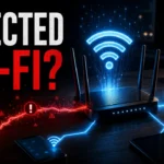 Infected Wi-Fi editorial image showing a router and connected devices with a malware warning.