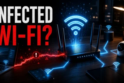 Infected Wi-Fi editorial image showing a router and connected devices with a malware warning.