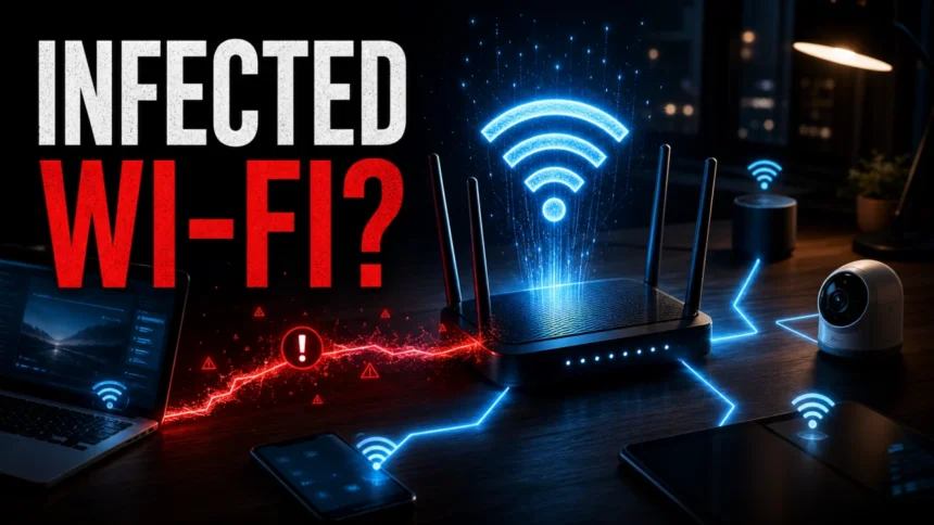 Can Malware Spread Through Wi-Fi? Shared Network Risks 1 Infected Wi-Fi editorial image showing a router and connected devices with a malware warning.