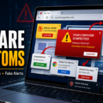 Adware symptoms warning with pop-ups, redirects, fake alerts, and suspicious browser changes