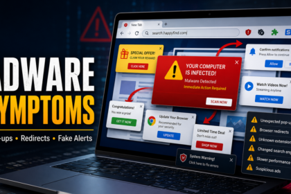 Adware symptoms warning with pop-ups, redirects, fake alerts, and suspicious browser changes