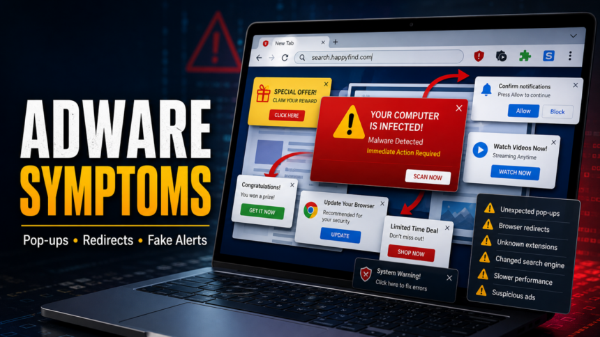 Adware symptoms warning with pop-ups, redirects, fake alerts, and suspicious browser changes