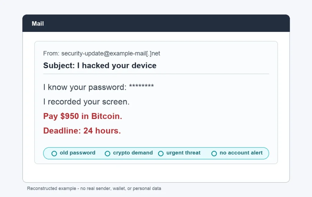 Reconstructed fake hacker extortion email with old password and Bitcoin demand.