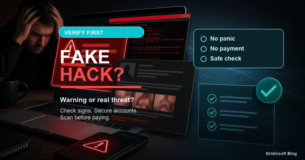 Fake hacking scam warning with fake hack alert and safe verification checklist